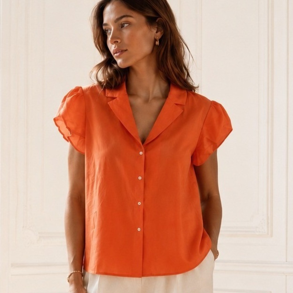 Misook Orange Puff Cap Sleeve Button Down Blouse Collared Size Medium